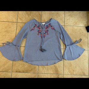 Bell sleeve blue & white striped shirt